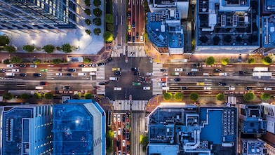 Aerial view of busy crossroads in Japan.