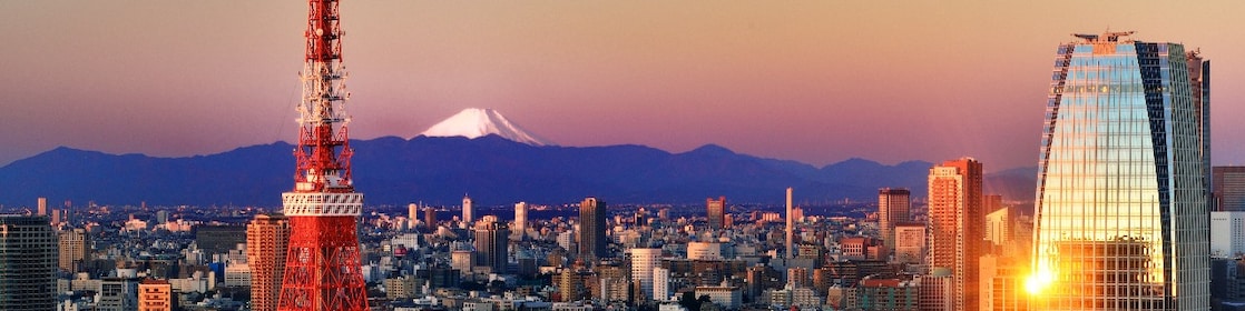 skyline image of Tokyo with Mount Fuji far in the background and Tokyo Tower in the foreground.