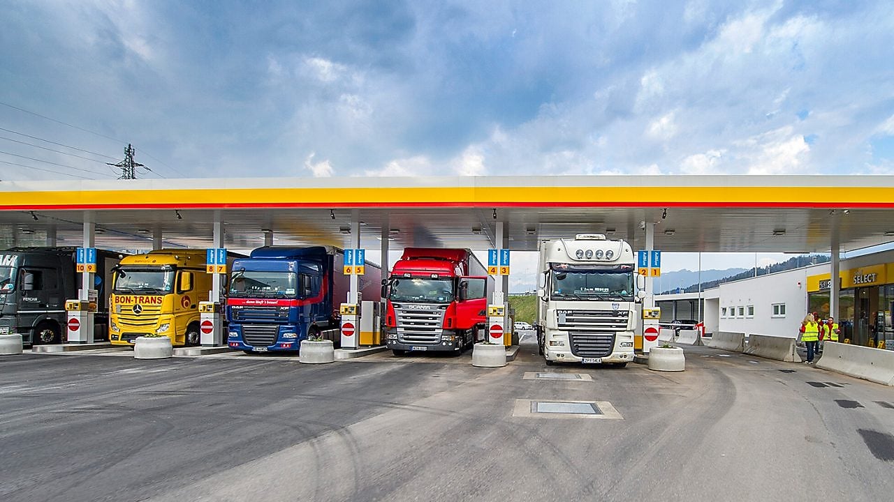 Buses standing at Shell Station