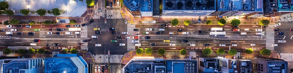 Aerial view of busy crossroads in Japan.