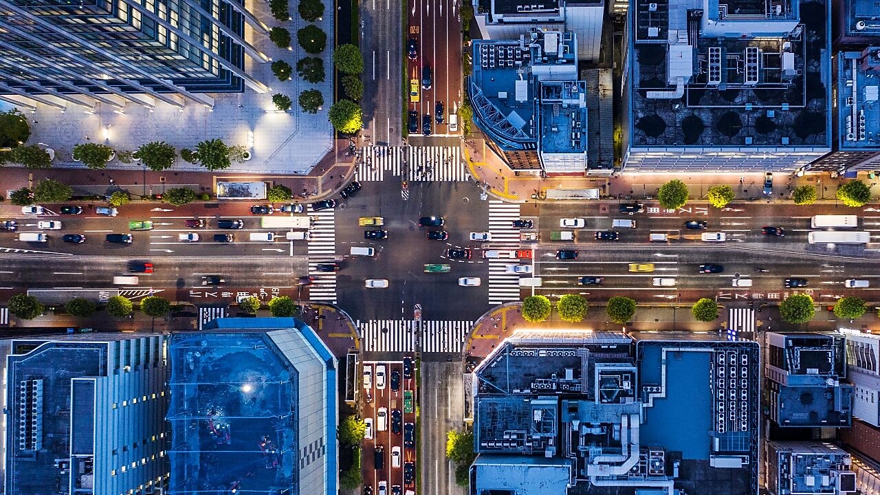Aerial view of busy crossroads in Japan.