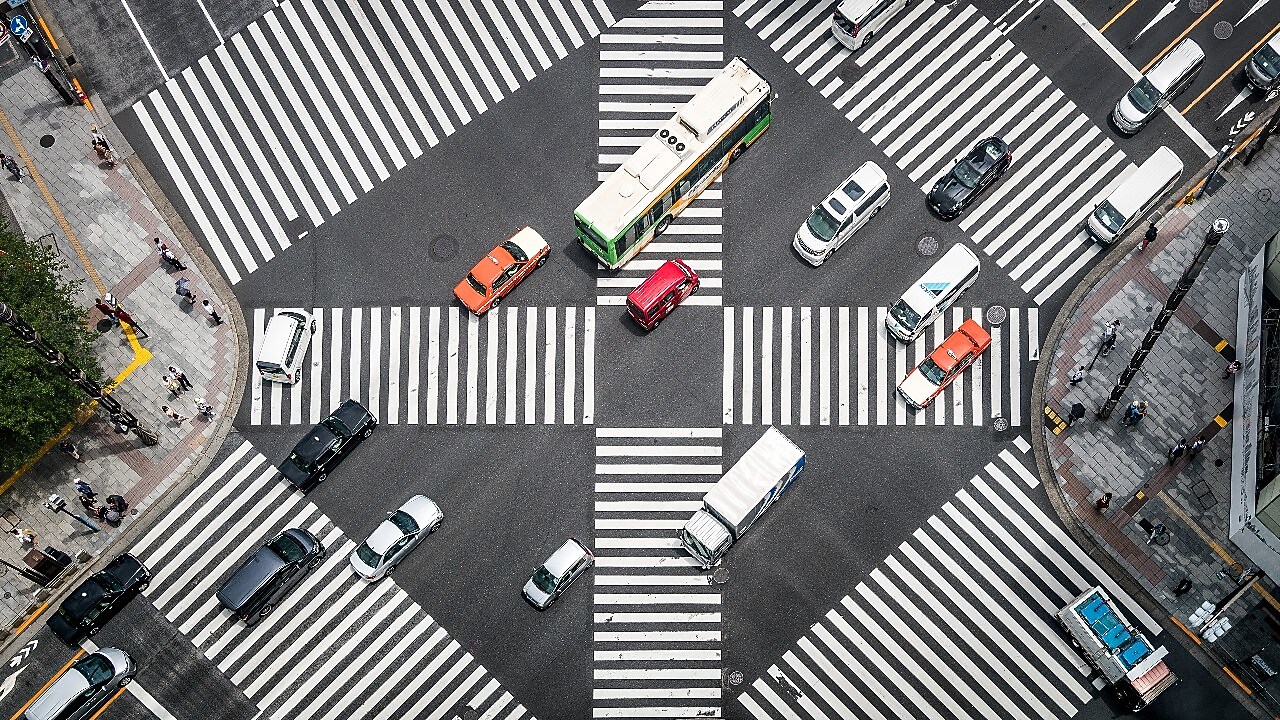 Aerial View of a Road Crossing in Ginza, Japan.