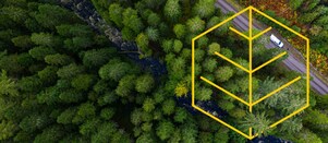 松林の中の道にある川と走る白いトラックの鳥瞰と「自然を敬う」概要のグラフ